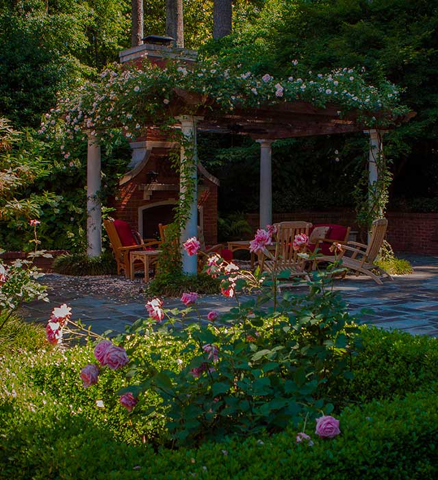 Rose Arbor with fireplace and casual seating