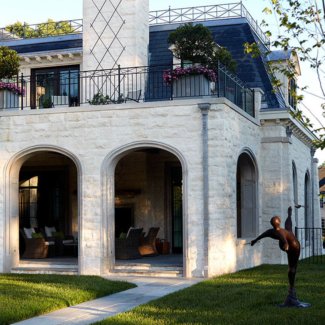 Morning Courtyard Arched Columns and Statue